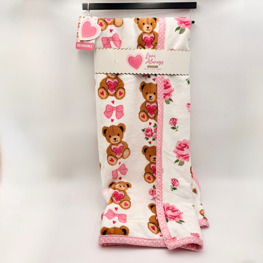 Love Always Reversible Velvet Plush Throw‎ Blanket Teddy Bear Roses Pink White